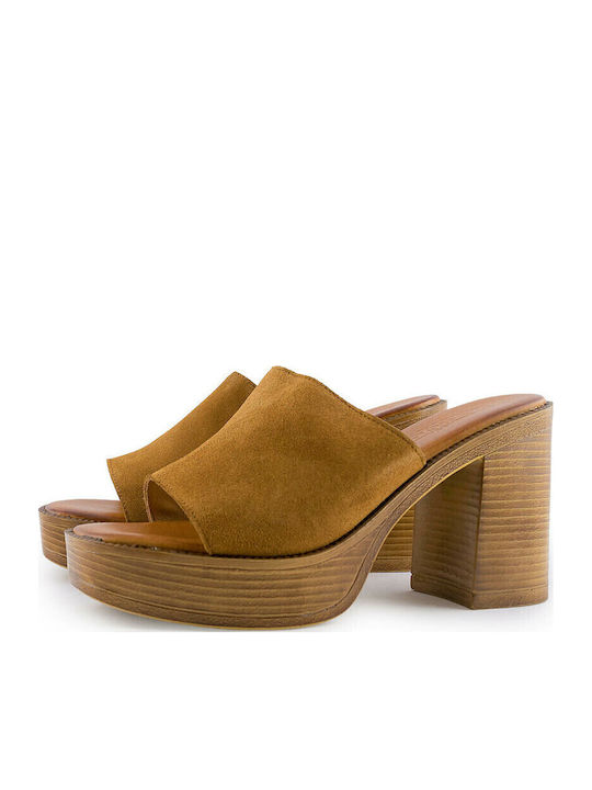 Leather Mules with Chunky High Heel in Tabac Brown Color