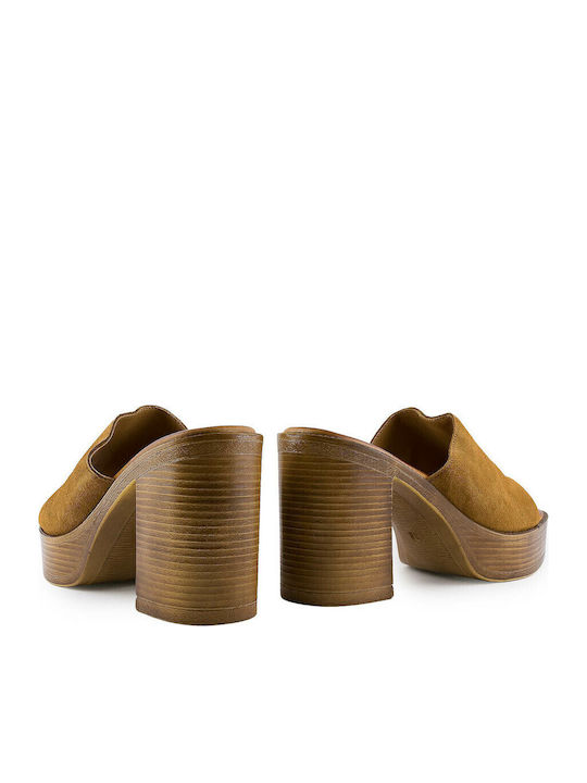 Leather Mules with Chunky High Heel in Tabac Brown Color