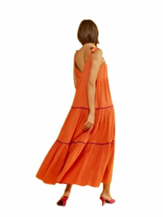 Moutaki Maxi Καλοκαιρινό All Day Φόρεμα Αμάνικο Πορτοκαλί