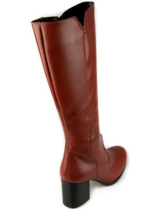 Leather Medium Heel Women's Boots with Zipper Tabac Brown