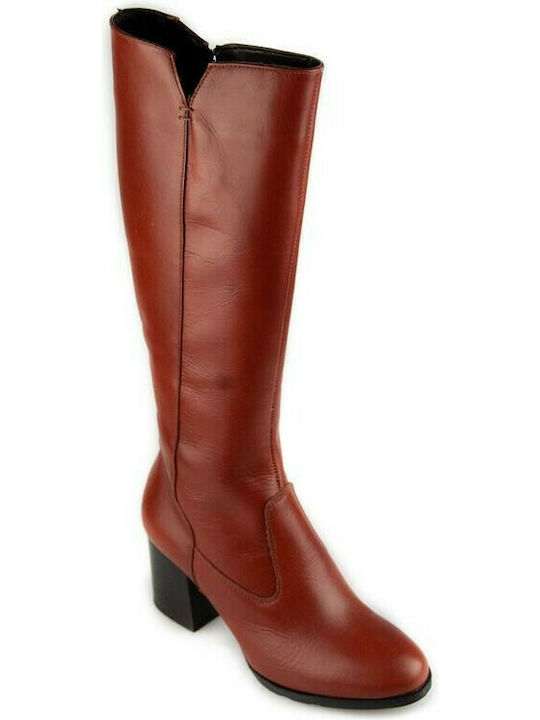 Adam's Shoes Leather Medium Heel Women's Boots with Zipper Tabac Brown