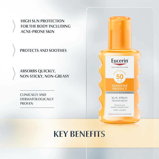 Eucerin Sun Transparent Sensitive Protect Водоустойчива Слънцезащитна Лосион за Тяло SPF50 в Спрей 200мл
