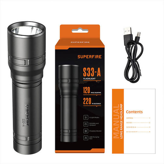 Superfire Rechargeable Flashlight LED IP43 with Maximum Brightness 124lm S33-A Black