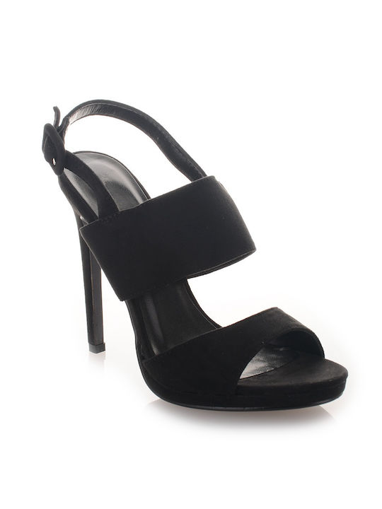 Famous Shoes Suede Γυναικεία Πέδιλα με Λεπτό Ψηλό Τακούνι σε Μαύρο Χρώμα