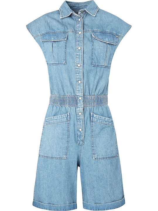 Gwen Women's Denim Sleeveless One-piece Shorts Light Blue