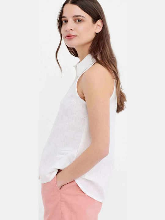 Women's Linen Monochrome Sleeveless Shirt White