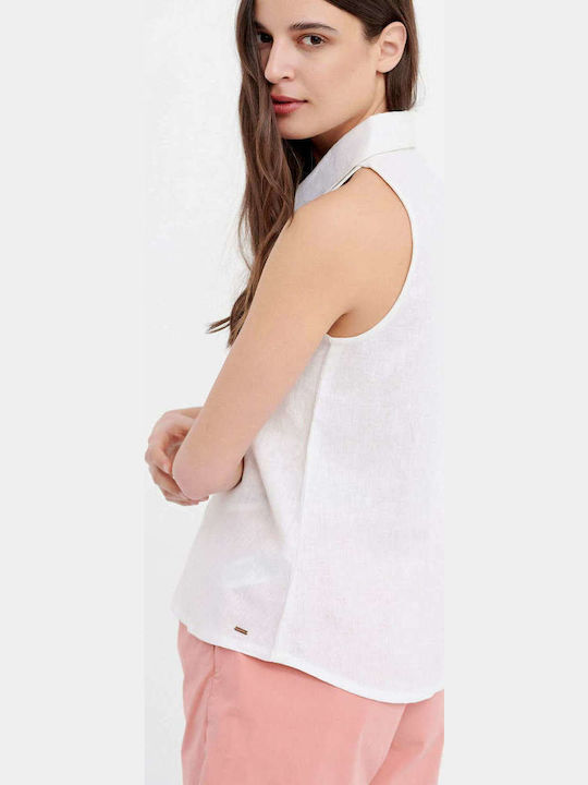 Women's Linen Monochrome Sleeveless Shirt White