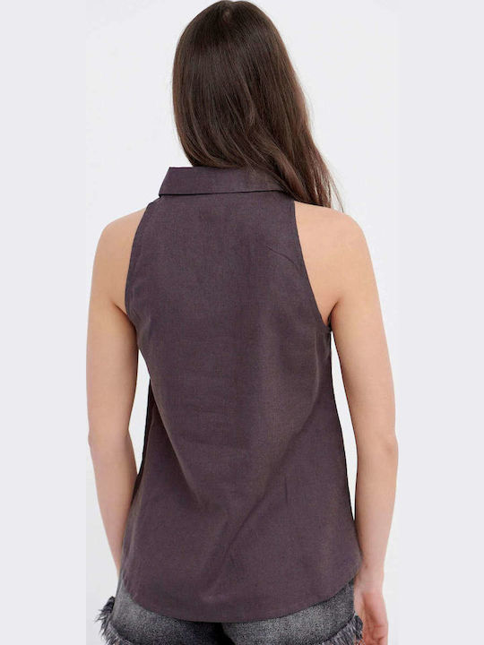 Women's Linen Monochrome Sleeveless Shirt Gray