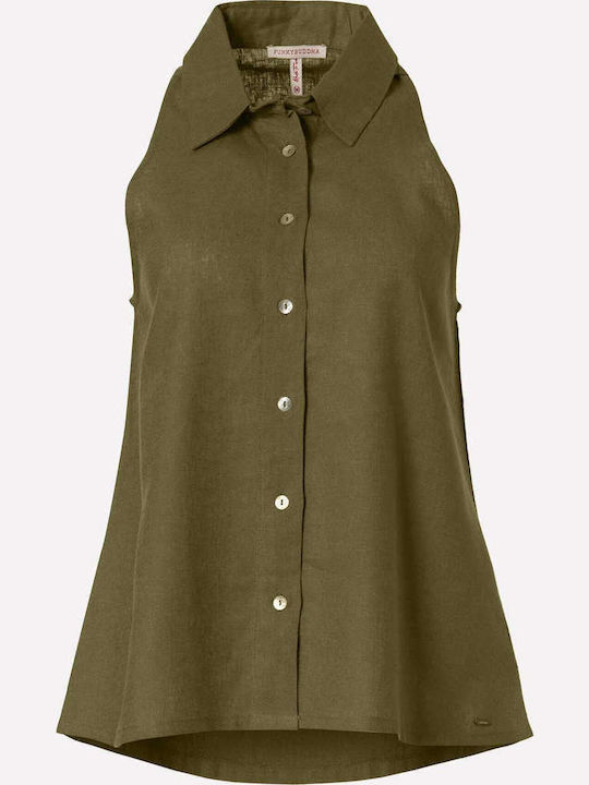 Women's Linen Monochrome Sleeveless Shirt Khaki