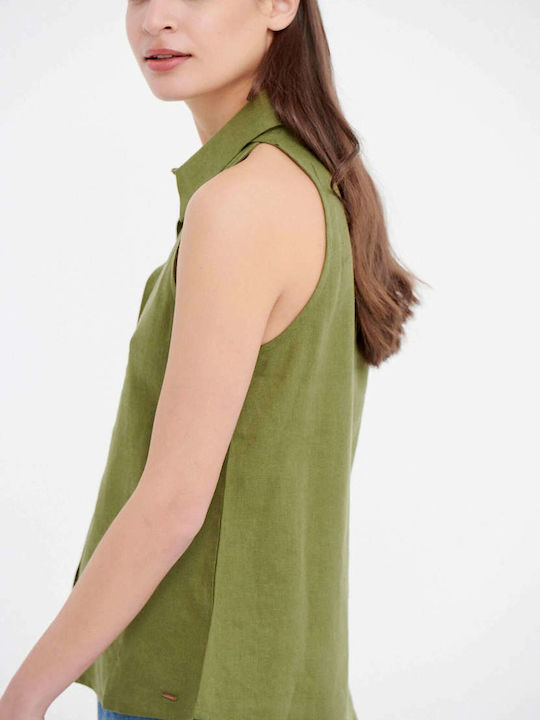 Women's Linen Monochrome Sleeveless Shirt Khaki