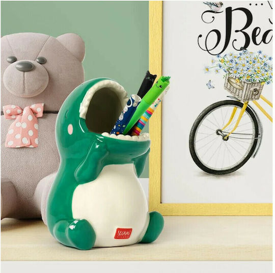 Ceramic Pencil Holder Desk Friends in Green Color 1pcs 9.7x13.5x13.5cm