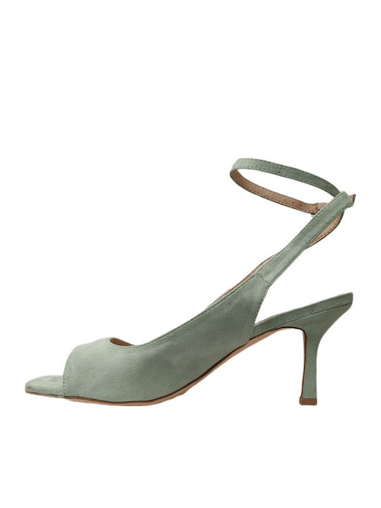 Suede Peep Toe Mint Medium Heels with Strap