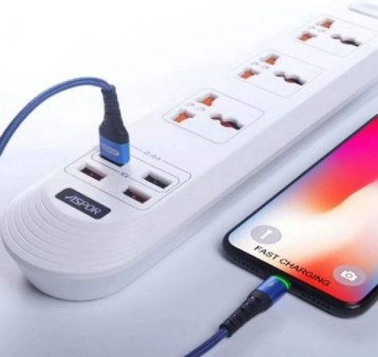 Aspor A502 Power Strip 5 Positions with 4 USB-A, Switch and Cable 2m