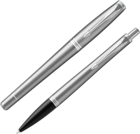 Parker Urban Core Metro Pen Set Rollerball with Fountain Pen made of Steel Metallic CT in a case (in a paper cassette)