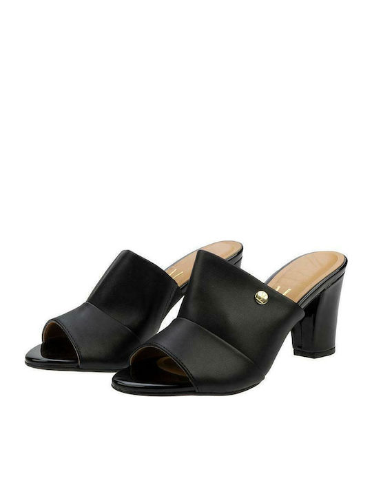 Leather Mules with Chunky High Heel in Black Color