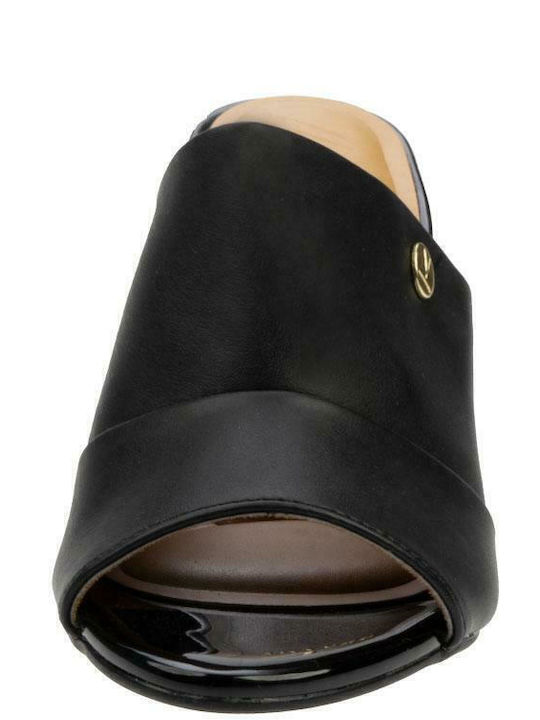 Leather Mules with Chunky High Heel in Black Color