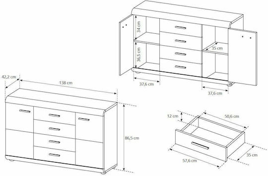 Буфет Дървен с Чекмеджета Натурален Дъб 140x42x86.5см