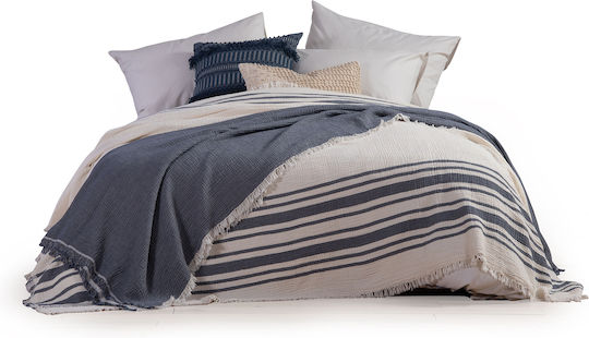 Nef-Nef Homeware Matelasse Knitted Blanket Double with Fringes 230x240cm Mercury Blue