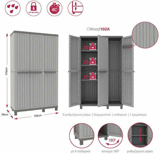 Triple Door Wardrobe Plastic with Divider & 2 Shelves 102x39x170cm