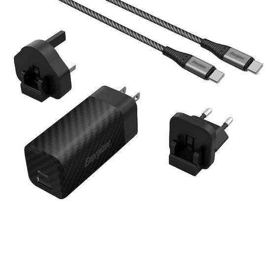 Energizer Φορτιστής GaN με Θύρα USB-A και Θύρα USB-C και Καλώδιο USB-C 65W Power Delivery Μαύρος (A65MUC)