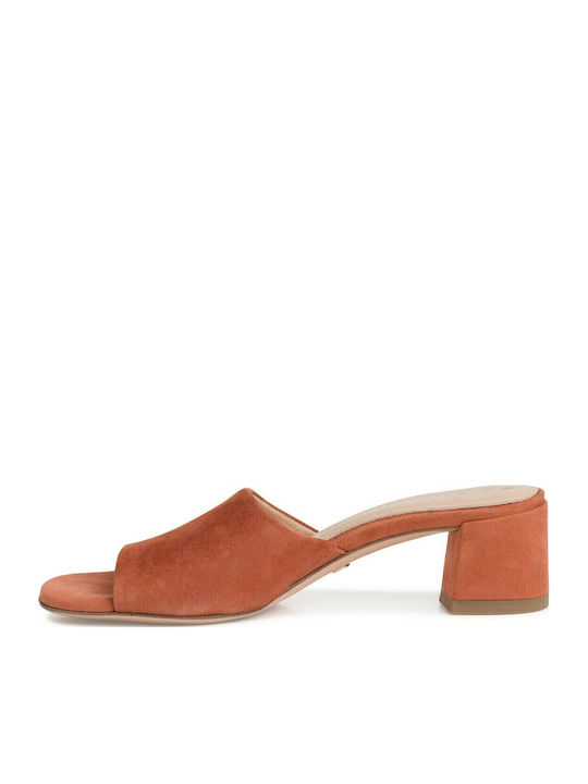 Leder Mules mit Chunky Niedrig Absatz in Tabac Braun Farbe