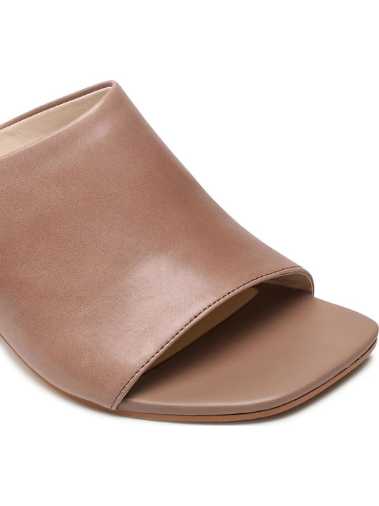Luisa Leather Mules with Chunky High Heel in Beige Color