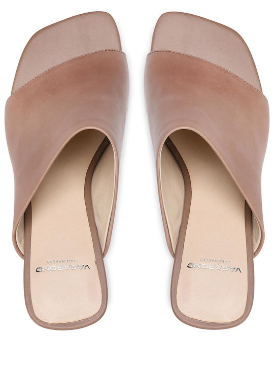 Luisa Leather Mules with Chunky High Heel in Beige Color