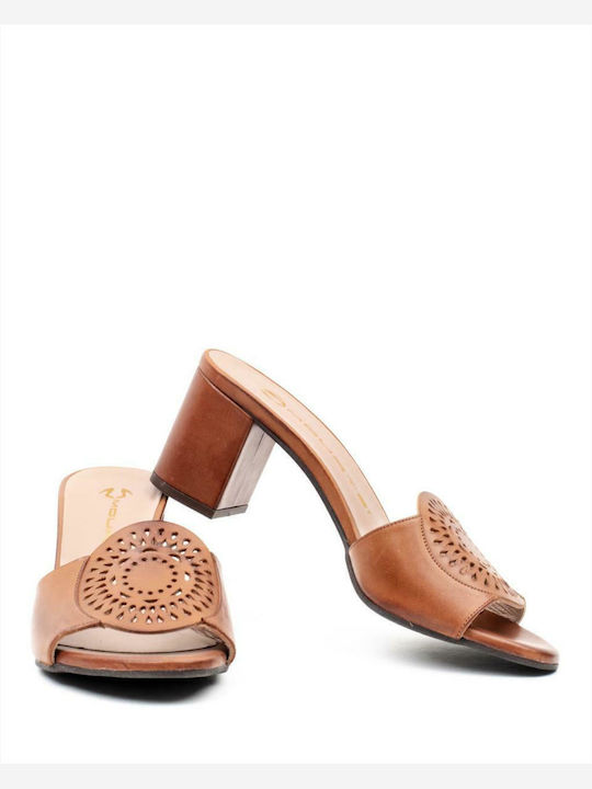 Leather Mules with Chunky Low Heel Tabac
