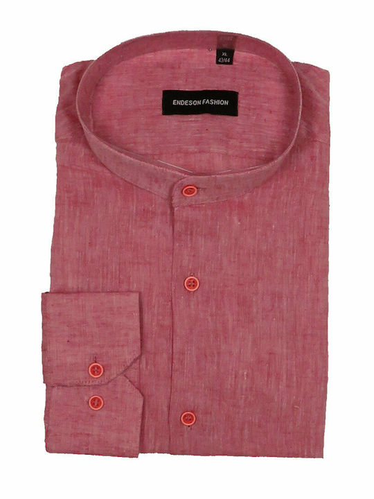 ENDESON 7155 Men's Linen Mao Shirt Coral