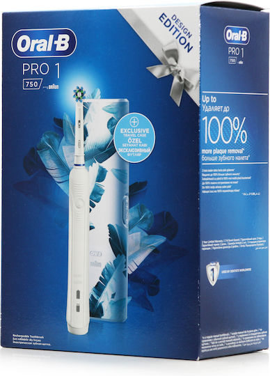Oral-B Pro 1 750 Design Edition Ηλεκτρική Οδοντόβουρτσα με Χρονομετρητή, Αισθητήρα Πίεσης και Θήκη Ταξιδίου Λευκή