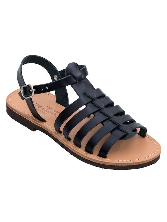 Klimatsakis Leather Women's Flat Sandals with Strap in Black Color