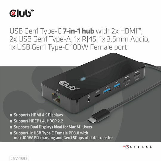 Club3D USB-C Docking Station με HDMI 4K PD Ethernet και συνδεση 2 Οθονών Μαύρο (CSV-1595)