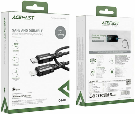 Acefast C4-01 Плетена USB-C към Lightning кабел 30W Черен 1.8м