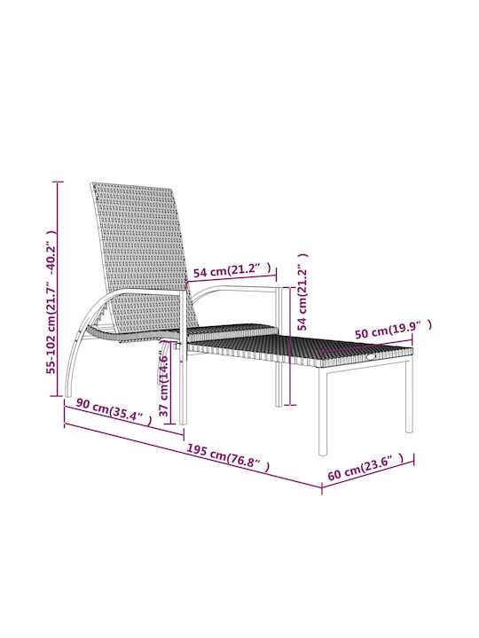 Ξαπλώστρα Rattan με Μαξιλάρι Γκρι / Μαύρη 2τμχ 195x60x102εκ.