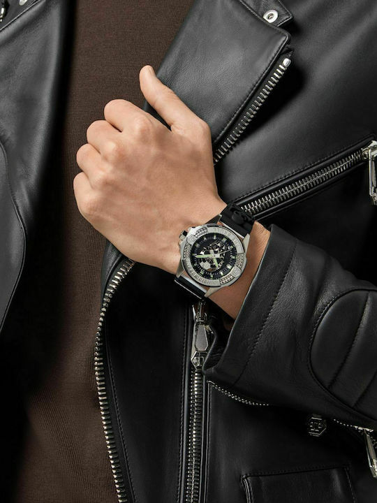 Philipp Plein The $kull Ceas Barbati 44mm Baterie Cu Curea Cauciuc Neagră