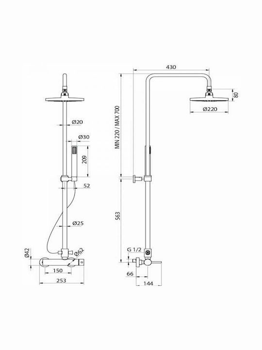 Teorema Tonda Coloană de duș cu Baterie 126.3cm Argint