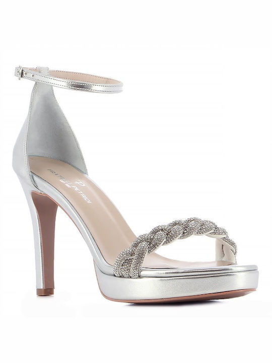 Fratelli Petridi Leather Women's Sandals with Strass & Ankle Strap Silver with Thin High Heel