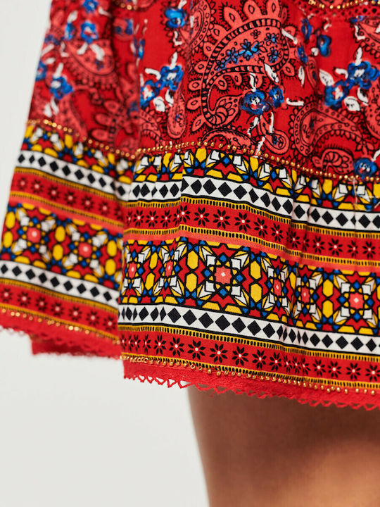 Ψηλόμεση Mini Φούστα Floral Κόκκινη
