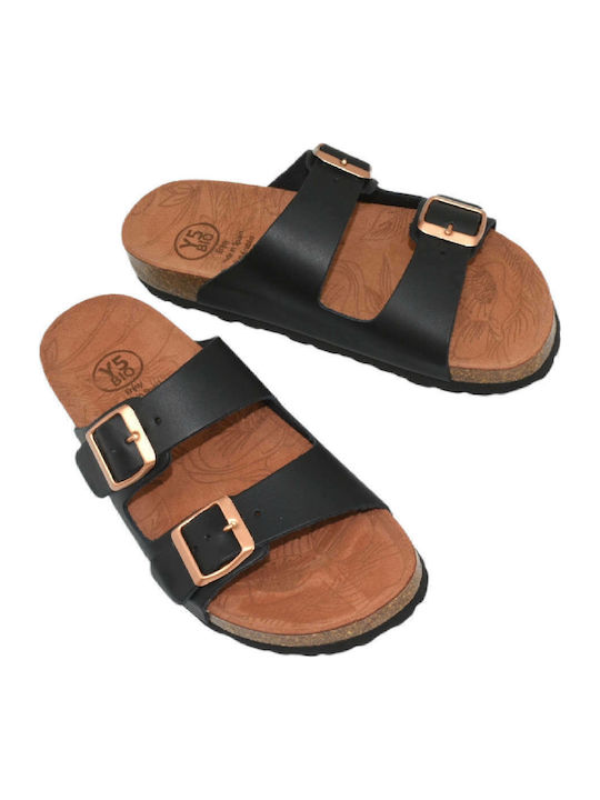 Υ5 Leather Women's Flat Sandals Anatomic in Black Color