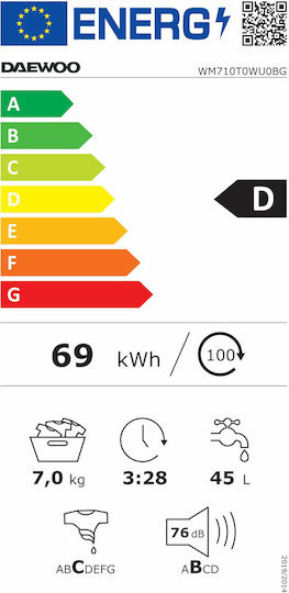 Daewoo WM710T0WU0BG Πλυντήριο Ρούχων 7kg 1000 Στροφών