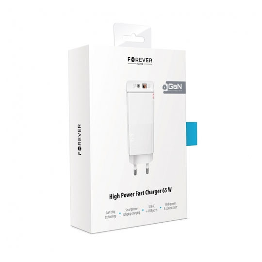 Forever Charger Without Cable GaN with USB-A Port and USB-C Port 65W Power Delivery Whites (FTCC65WW)