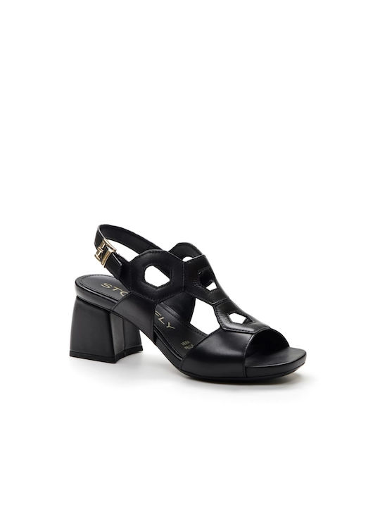 Stonefly Leather Women's Sandals Jenny Black with Chunky Medium Heel