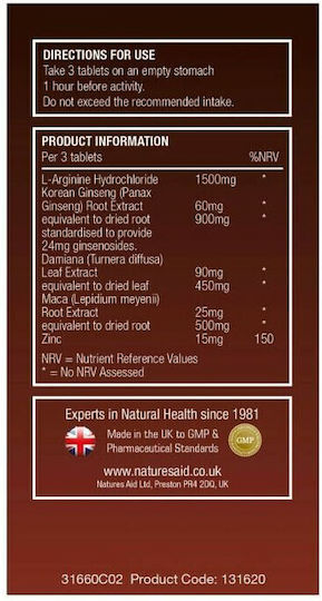 Natures Aid Active Man with Arginine Korean Ginseng and Maca Supplement for Fertility 60 Tablets