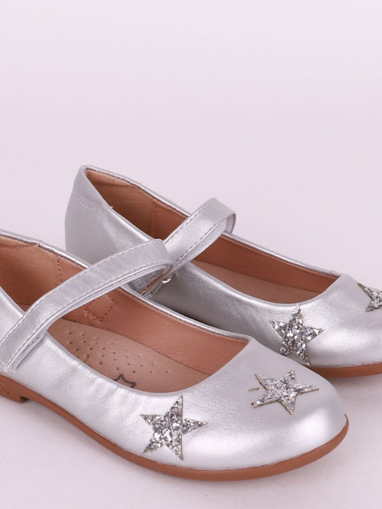 SmartKids Kids Anatomic Leather Ballerinas with Hoop & Loop Closure Silver