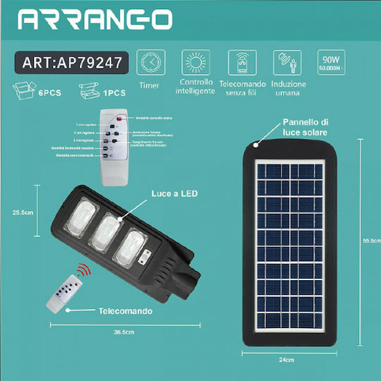 Arrango Street Solar Light 90W Cold White 6500K with Motion Sensor and Remote Control IP65 36.5cmx29.5cmcm