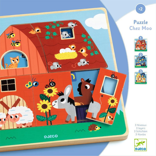 Ξύλινο Παιδικό Puzzle Σφηνώματα Chez Moo για 2+ Ετών 12pcs Djeco