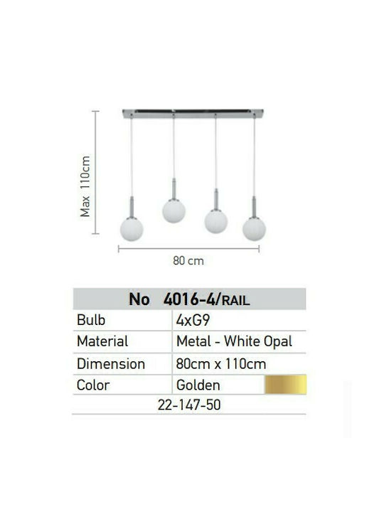 Inlight Pendant Chandelier Rail for 4 Bulbs G9 Gold