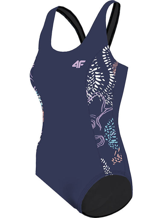 Floral Wide Strap Activewear Swimsuit Navy Blue