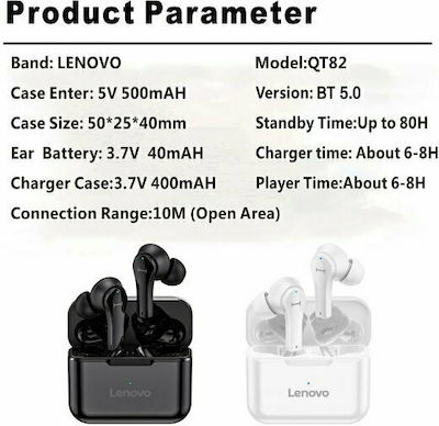 Lenovo QT82 In-ear Bluetooth Handsfree Earphones with Sweat Resistance and Charging Case Blacα