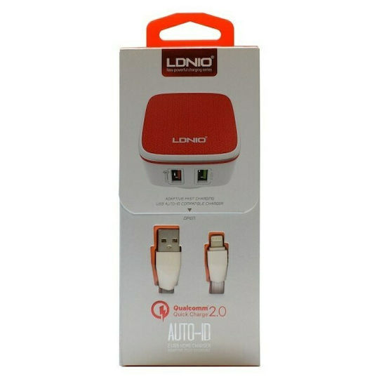 Ldnio Încărcător cu 2 Porturi USB-A și Cablu Lightning Portocaliu (A2405Q)